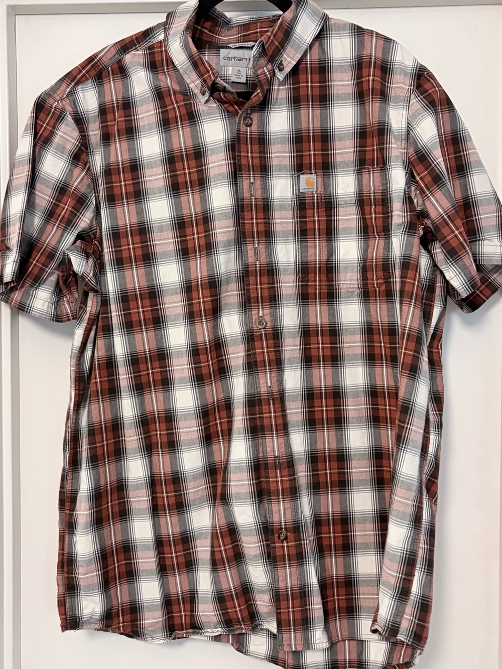 Carhartt Men’s Rust and White Plaid Short-Sleeve Button-Down Shirt